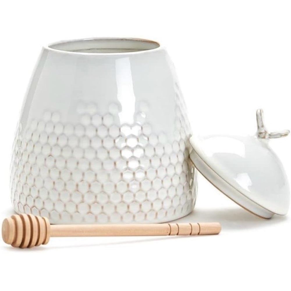 Two's Company Bee Honeycomb Pattern Honey Jar with Lid and Wooden Dipper 15 Oz.